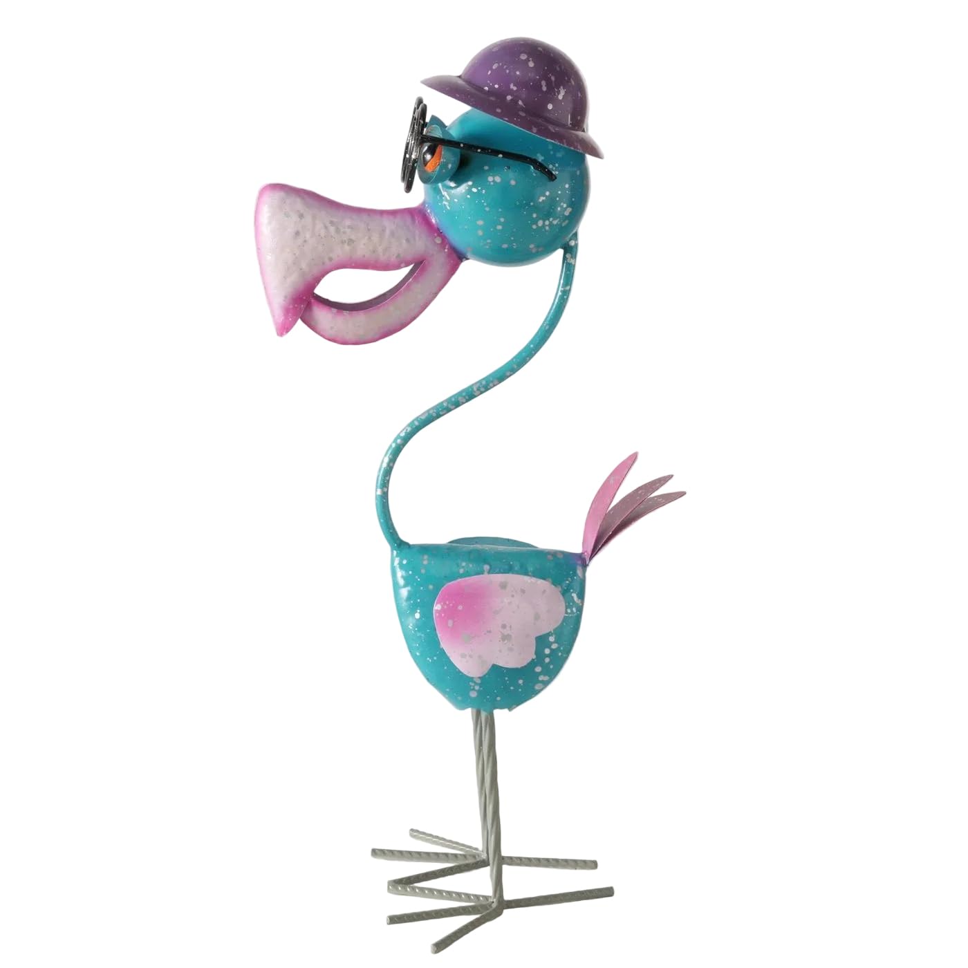 MF Professor Pico Vogel Gartenfigur aus Metall, 54 cm, Bunt mit Brille und Hut, Türkis Lila Pink, Handgearbeitete Dekofigur für Garten und Terrasse