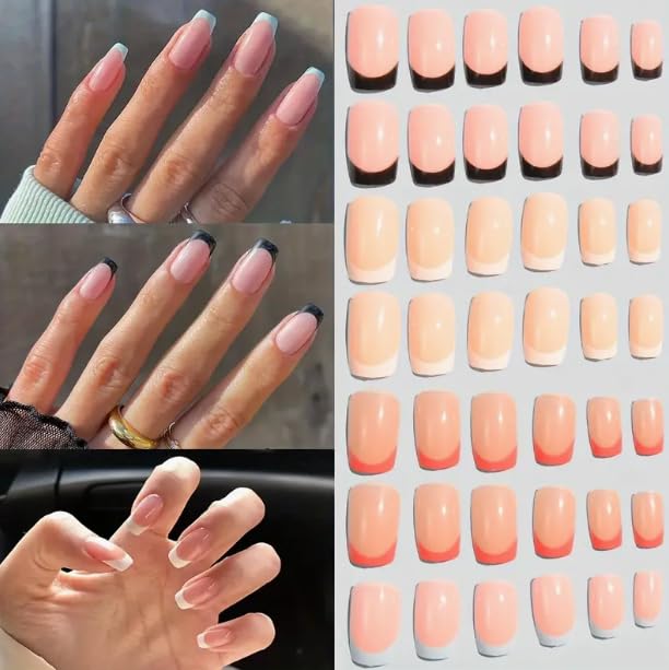96-Piece French Tip Press-On Nails Set - 4 Colours, Medium Square Shape, Glossy Finish With Jelly Adhesive & Nail File
