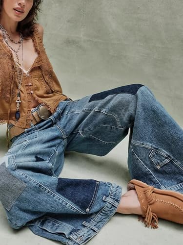 SCOFEEL Women Baggy Jeans Patchwork Mid-Rise Button Down Trendy Wide Leg Denim Pants with Pocket2