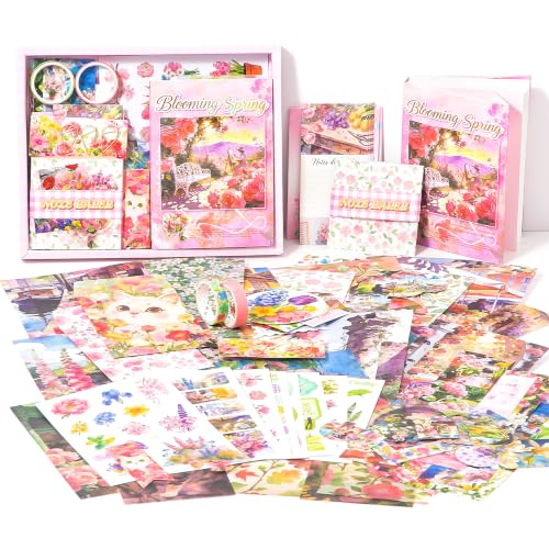 Image of The AutoStory Vintage Scrapbook Album Kit - A6 Junk Journal Notebook with Aesthetic Stickers, Collage Paper Pack & Washi Tape - DIY Journaling Supplies Gift for Teens & Girls (Blooming Spring, Pink)