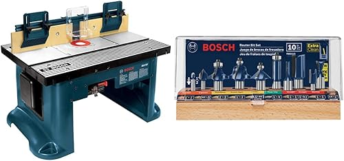 BOSCH RA1181 Mesa de trabajo para rebajadora y RBS010 Juego de brocas profesionales multiuso con punta de carburo de 12 pulgada y 14 pulgada, 10