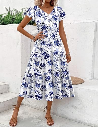 Image of Zeagoo Women's Summer Casual Dress Flutter Short Sleeve V Neck Button Down Tiered Flowy Long Dress with Pockets