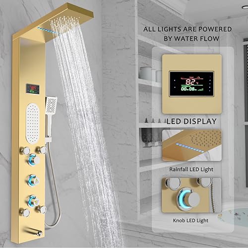 Image of ELLO&ALLO LED Shower Panel Tower System, Rainfall and Mist Shower Head Rain Massage with Body Jets, Brushed Gold