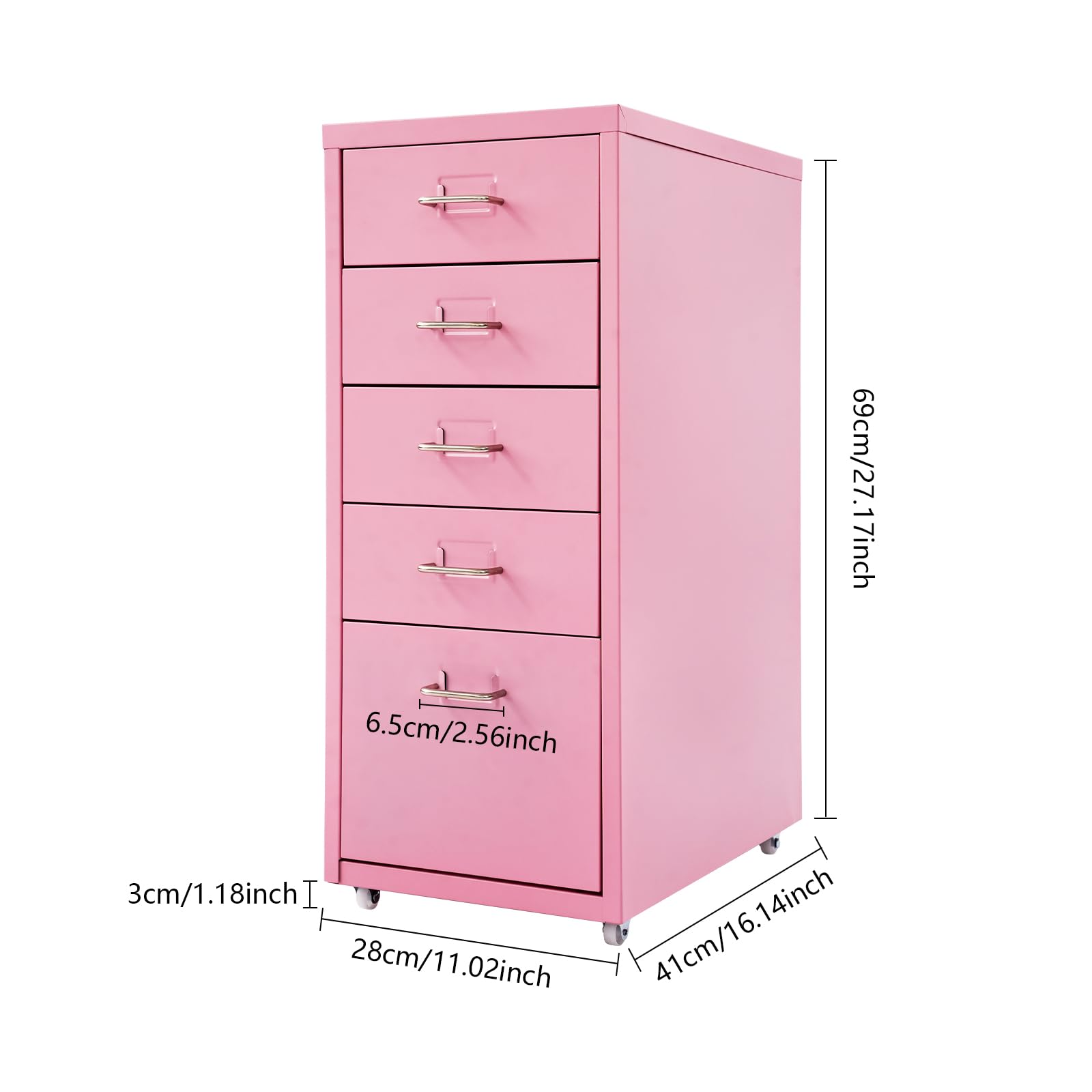 OUKANING Armadio mobile con 5 cassetti e ruote, in metallo, portata 50 kg, 41 x 28 x 69 cm (larghezza x profondità x altezza) per ufficio e soggiorno (rosa)