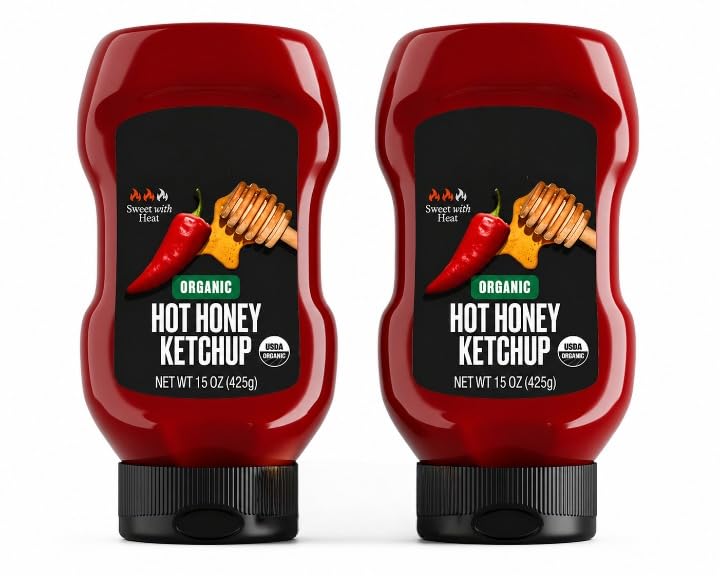Organic Hot Honey Ketchup, Sweet & Spicy Gourmet Tomato Ketchup with Organic Honey and Chili – Non-GMO, No High Fructose Corn Syrup, Gluten-Free- 15 oz (Pack of 2)