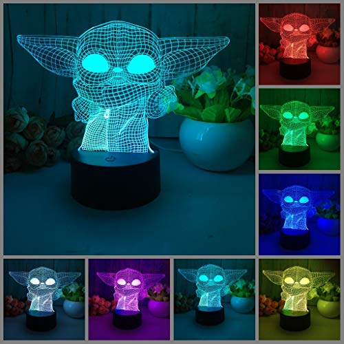 Preisvergleich Produktbild Baby Yoda 3D-Illusionslampe, LED-Nachtlicht, 7 Farbwechsel, Druckschalter, Schreibtischdekoration, Lampen, Geburtstags- oder Weihnachtsgeschenk, mit Acryl-Flach- und ABS-Basis und USB-Kabel (B-YD)