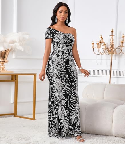 Image of Cololura Women Sexy Sequin One Shoulder Mermaid Formal Party Cocktail Gowns Bodycon Evening Maxi Dress