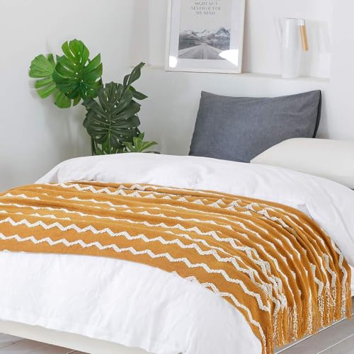 BOURINA Knitted Throw Blanket Boho Chenille Blanket,Mustard 60x80Inch by BOURINA - Used condition - Image 4
