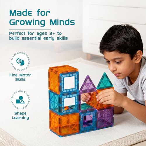 Image of Amazon Brand - Jam & Honey Magnetic Tiles Building Blocks for Kids 3+ Years - 16 pcs | STEM Learning Educational Toy | Creative & Constructive Play | Brain Development Toy | Transparent Starter Set | Multicolour