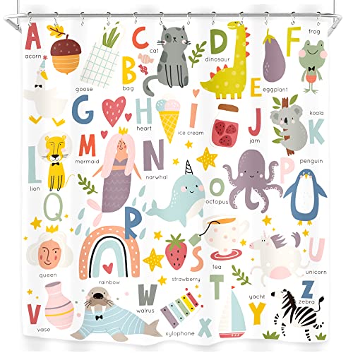 Riyidecor Kids Alphabet Shower Curtain For Bathroom Decor 60Wx72H Abc Educational Learning Tool Baby Cartoon Animals Colorful Girls Boys Art Printed Fabric Polyester Waterproof 12 Pack Plastic Hooks #TOP5