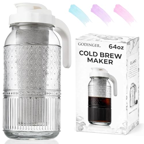 Godinger Cold Brew Coffee Maker 64 oz – Airtight Glass Mason Jar Pitcher Brewer with Leak-Proof Lid & Handle, Wide Mouth Iced Coffee Maker, Vintage Kitchen Decor