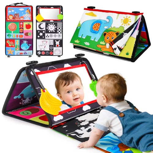 Image of Baby Mirror Tummy Time Toys 0-6 Months with Crinkle Cloth Books Infant High Contrast Newborn Sensory Black and White Toy for 0-3 4 5 6 Months Must Haves Babies 3-6 6-12 Month Boy Girl Easter Gifts
