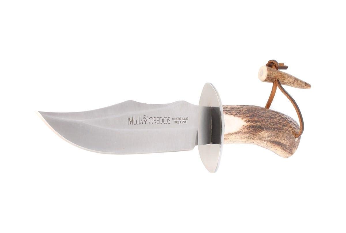 Muela Cuchillo de caza GRED-17 con hoja de acero inoxidable ACX-380 de 17 cm y empuñadura de asta de ciervo para Caza, Pesca, Supervivencia y Bushcraft + Portabotellas de regalo