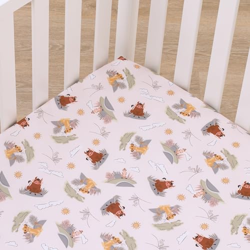 Image of Disney Lion King Ivory, Sage, Gold, and Brown, Simba, Timon, and Pumba Super Soft Nursery Fitted Crib Sheet