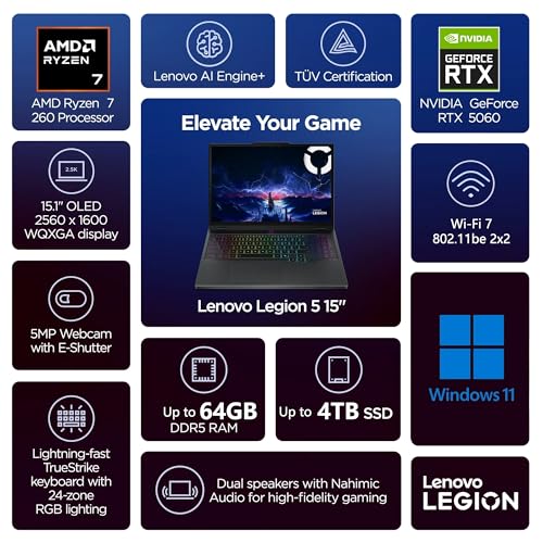 Image of Lenovo Legion 5 AI-Powered Gaming Laptop | 15.1 inch WQXGA OLED 165Hz | AMD Ryzen 7 260 | 32GB DDR5 4TB SSD | GeForce RTX 5060 8GB (Up to 572 AI Tops) | RGB Backlit Wi-Fi 7 Win11 w /DLCA Accessory
