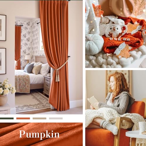 Image of Blackout Pumpkin Velvet Curtains Rod Pocket 52W x 96L 2 Panels | Soft Velvet, For Bedroom & Living Space, Light Shifting Texture, Elegant Luxury Drape, Charming, Warm