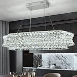 AOOCHOK Modern Crystal Chandelier for Living Room, LED Chrome Pendant Lights, Oval Crystal Hanging Lamp for Living Room, Dining Room, Restaurant, 80 x 35cm