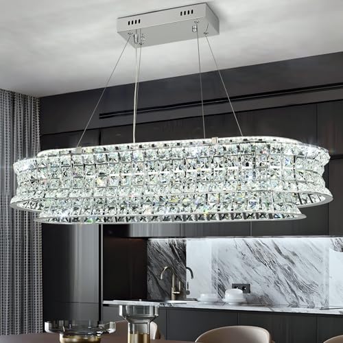 AOOCHOK Modern Crystal Chandelier for Living Room, LED Chrome Pendant Lights, Oval Crystal Hanging Lamp for Living Room, Dining Room, Restaurant, 80 x 35cm