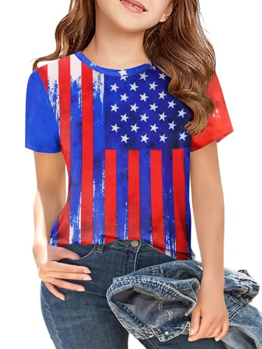Image of CAZYCHILD Girls American Flag Patriotic Shirt Boys 4th of July Short Sleeves Tshirt USA Clothes for Kids 5-14Y