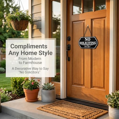 Image of No Soliciting Sign for Front Door, 10 x 5 Inch Aluminum No Soliciting Hanging Sign, Weatherproof Outdoor No Solicitors Sign with Chain, UV Printed Rust-Free Sign for Home, Office, Porch, Yard