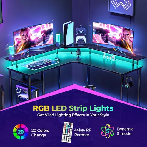 Image of Rolanstar Computer Desk 56 inch with Power Outlets USB Ports & LED Strip,Reversible L Shaped Desk with Monitor Stand & Storage Shelf,L Shaped Gaming Desk with Hooks,Home Office Desk, Black