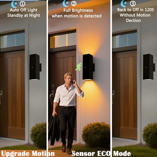 Image of rosykite Motion Sensor Outdoor Wall Lights, Dusk to Dawn Exterior Wall Mount Light Fixtures with 3 Modes, Waterproof Up Down Porch Lights for House, Garage, Patio, Entryway, Matte Black