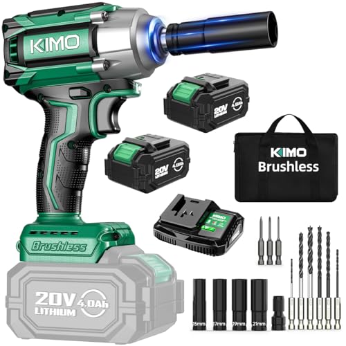 KIMO Impact Wrench 1/2 Cordless, 1200N.m (900ft-lbs), 4000RPM, 9-Piece Drill & Driver Set, 4Sockets Impact Drill for Car Tires, Safety Lock, 2x4000mAh Battery, Variable Modes Power Smart Impact Wrench