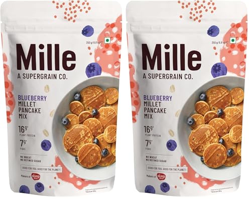 Image of Mille 16g High Plant Protein Blueberry Millet Pancake | NO MAIDA | Eggless | Gluten Free | Low Carbs | Low GI Millet Grain | No Refined Sugar Pancake Mix | High Protein Breakfast | 250 grams