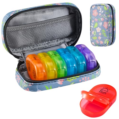 Image of Serfeymi Weekly Travel Pill Organizer 2 Times A Day AM PM Upgraded Rainbow Pill Box 7 Day with Portable Zipper PU Leather Pill Case, Medicine Organizer for Pills, Vitamins, Fish Oils - Floral 02