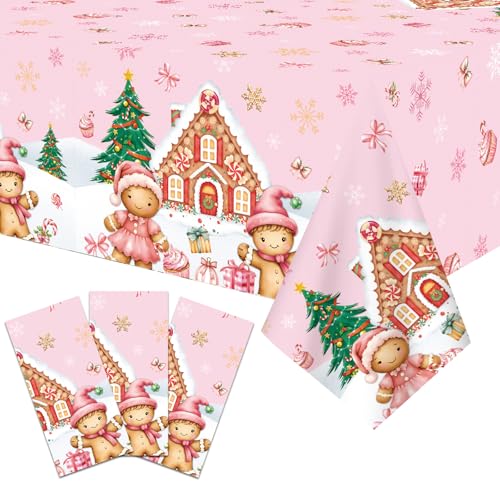 SpinLaLa 3-Piece 54 x 108 Inch Pink Gingerbread Plastic Tablecloth – Disposable Christmas Candy Theme Rectangle Table Cover for Dining, Holiday Party, Winter Celebration, Indoor Outdoor Decorations