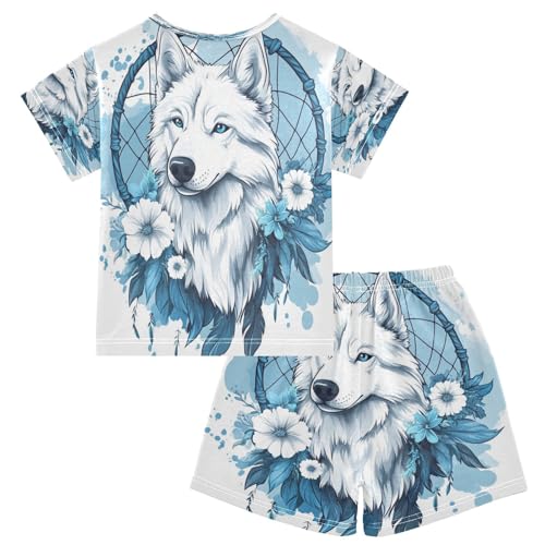 senya Short Sleeve Pajamas Sets Summer Cotton Sleepwear Blue White Flower Dreamcatcher Wolf2