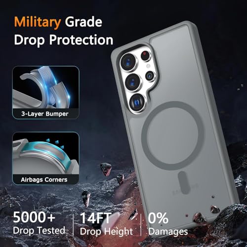 Image of Elzzi Magnetic Guard Designed for Samsung S25 Ultra 5G Case Translucent Matte Hard PC + TPU Back Cover [Compatible with MagSafe] Anti-Scratch Phone Case (Grey)
