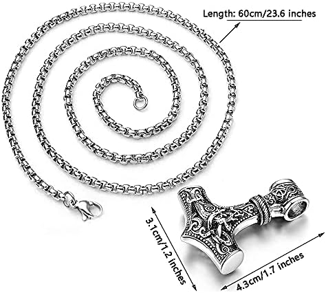 WEIWUXIAN Thor's Hammer Necklace, Men's Necklace, Stainless Steel Necklace, Viking Stainless Steel Necklace, Viking Necklace, for Men, Boy Viking Norse Pendant, Silver