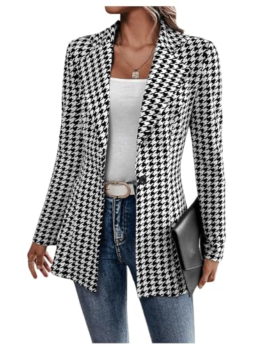 GORGLITTER Women's Houndstooth Long Sleeve Button Blazer Jackets Trendy Open Front Casual Business Work Office Blazers