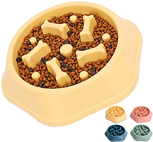 Slow Feeder Dog Bowl, Anti-Gulping Boredom & Anxiety Reducer Slower Food Feeding Dishes for Small/Medium Sized Dogs (Yellow)