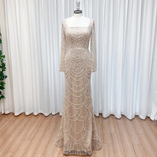 Engerla Luxury Pearl Lace Mermaid Evening Dress Square Neck Long Sleeves Formal Prom Dress Detachable Train4