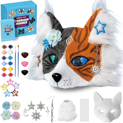Therian Mask Kit Cat or Fox Craft Kit Therian Mask Plastic Mask Base Pre-Applied Fleece Easy DIY Beginner Friendly Eye Mesh Faux Fur & Paint & Metal Pendant Halloween Cosplay & Christmas Gifts