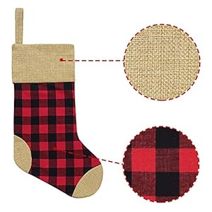 Ivenf Christmas Stockings 4 Pcs 18 inches Red and Black Buffalo Check Plaid with Burlap Stockings for Family Holiday Xmas Party Decorations Gift