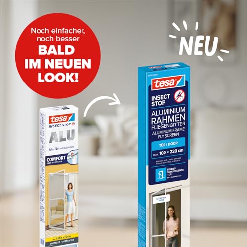 tesa INSECT STOP Aluminium Rahmen Fliegengitter für Türen - Insektengitter mit Aluminium-Rahmen & Clear View - Tür Insektenschutz - 100 cm x 220 cm, Weiß