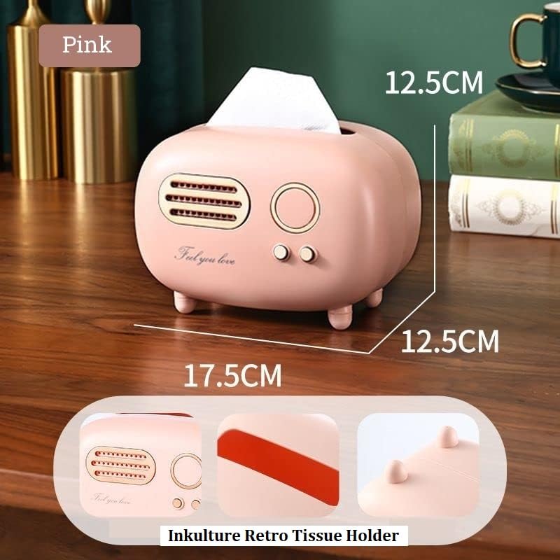 Image of INKULTURE Vintage Retro Tissue Box Holder for Home Kitchen Dining Table & Paper, Living Room, Bedroom & Desktop Tissue Storage Organizer | Pink | Pack of 01