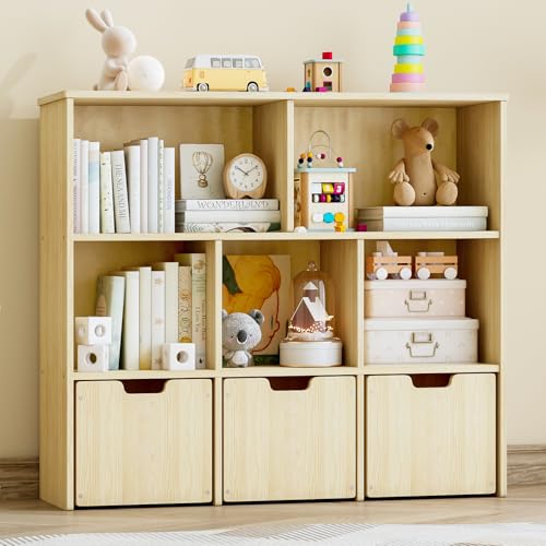 EXPERLAM Solid Pine Wood Toy Storage Organizer Kids Bookshelf and Toy Organizer with 3 Rolling Drawers 5 Storage Cubes Montessori Playroom Storage Cabinet Burlywood