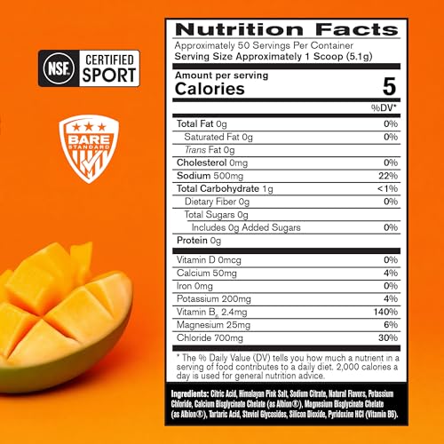 Image of BARE PERFORMANCE NUTRITION BPN Electrolytes Hydration Drink Mix | Sugar Free Electrolyte Powder | 500mg Sodium per Serving | Naturally Sweetened | Mango, 50 Servings (Pack of 2)
