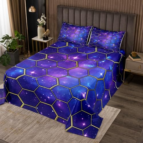 Manfei Yellow Honeycomb Bedspread Twin Size, Blue Galaxy Coverlet Set 2pcs, Geometric Hexagon Print on Starry Sky Quilted Coverlet with 1 Pillowcase, Kids Boy Girl Room Decor
