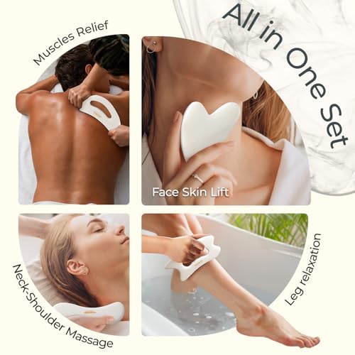 Image of Scienlodic 4 Pcs Gua Sha Massage Tools for Face & Body (White, Resin) - Guasha Scraping Tool for Jawline Contouring, Puffiness Reduction, Neck, Back, Legs & Muscle Relaxation