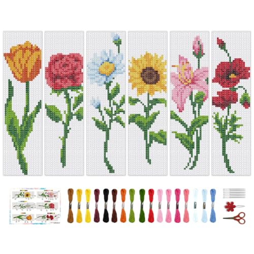Image of BEUNITONE 6 Pcs Flower Bookmark Cross Stitch Kits DIY Stamped Embroidery Bookmark Kit for Adults Beginner with Instructions Vivid Floral Cross Stitch Kits for DIY Crafts Book Lovers Gifts 2.4x8 in