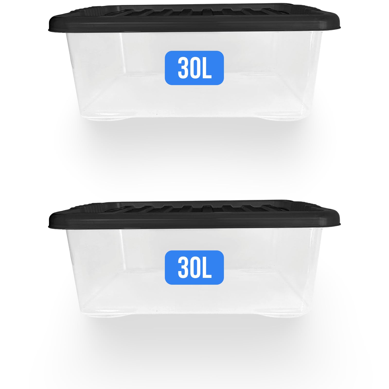 KAPCO Underbed Storage Boxes – 2 x 30L Medium Plastic Clear Stackable Containers with Lids for Shoes, Clothes, Toys, Kitchen, Home Organisation - BPA Free Durable Plastic Tubs | 30 Litre (Set of 2)