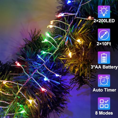 Image of BSGlobal 2 Pack Total 20Ft 400 LED Christmas Fairy Lights Battery Operated | Cluster String Lights with Timer 8 Modes Firecracker Twinkle Light for Garlands Tree Wedding Outdoor Decor (Multicolor)