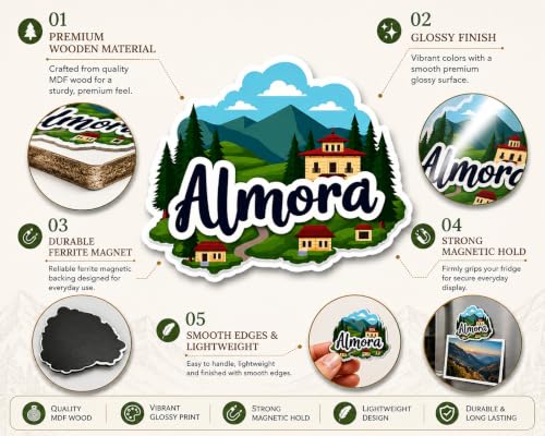 Image of Naxon Almora Uttarakhand Theme Souvenir Wooden Fridge Magnet | Himalayan Mountains, Pine Forest & Scenic Hill Design 3x3 Inch Refrigerator Magnet for Kitchen & Home Decor | Travel Gift | Pack of 1
