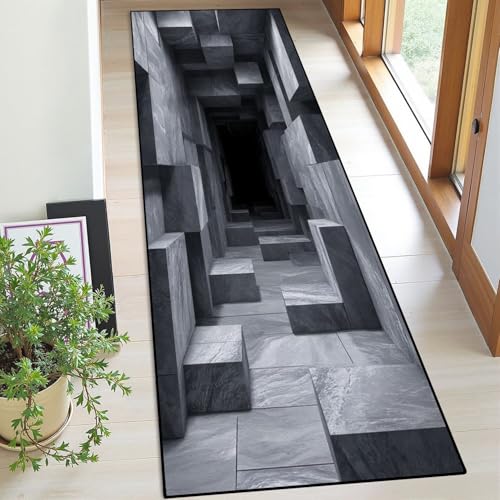 Runner Rug Washable 2x6 3D Optical Illusion Colorful Realistic Layered Cubes Stone Textures Non-Slip Hallway Area Rug Indoor Outdoor Home Decor for Entryway Bathroom Kitchen Carpet Yoga Floor Mat