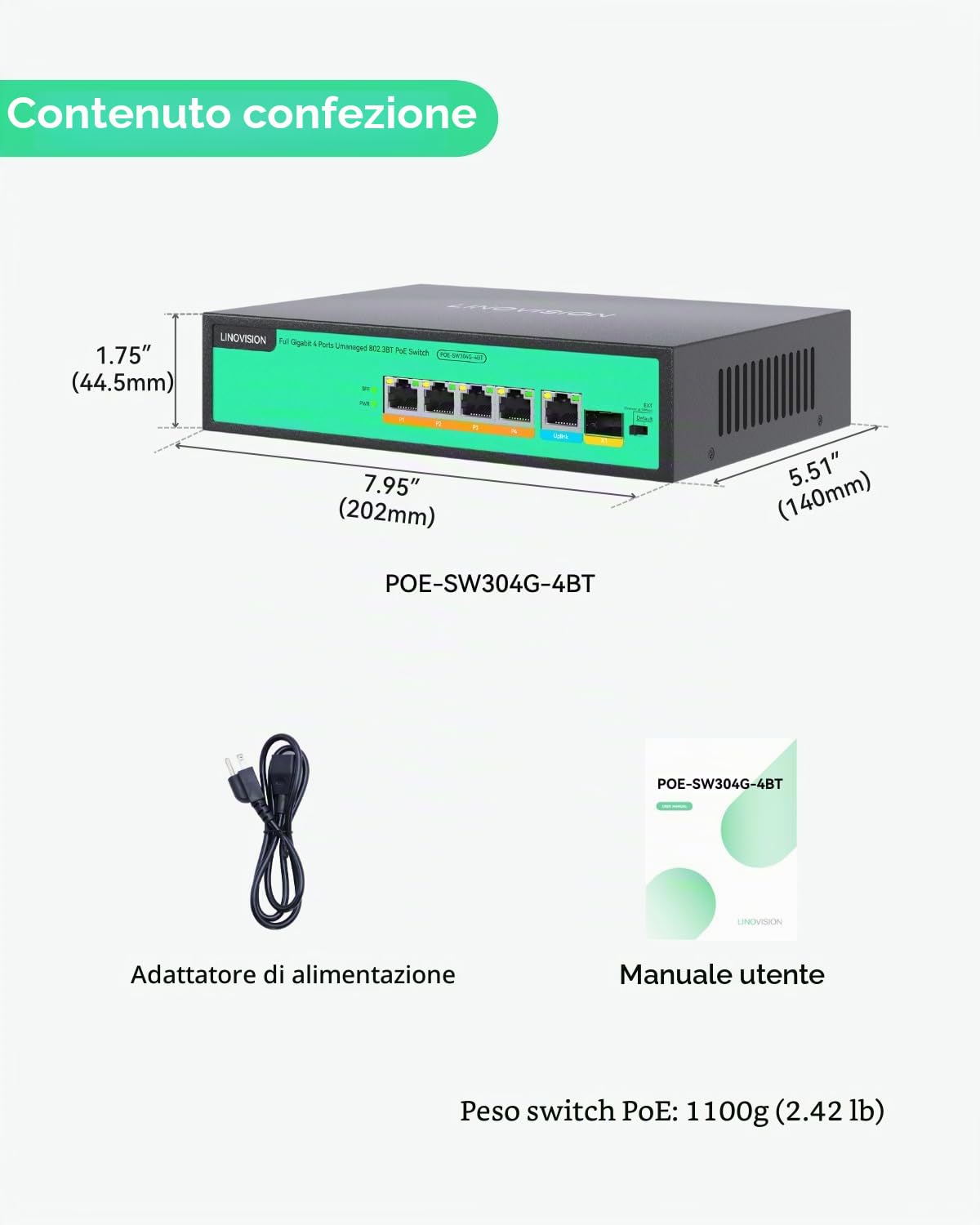 LINOVISION Switch Poe a 4 Porte Full Gigabit Poe, 4* Porte BT 90W, 1* GE e 1* Gigabit SFP Uplink, IEEE 802.3 AF/at/BT, Power Budget Totale 96W, 250m Long Distance